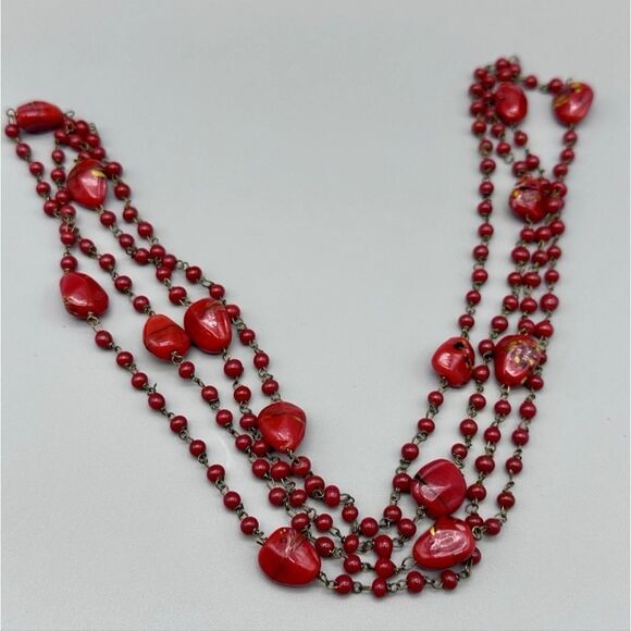 Vintage Gold Tone Red Murano? Glass Beaded Chain Necklace, 50" - Picture 2 of 5